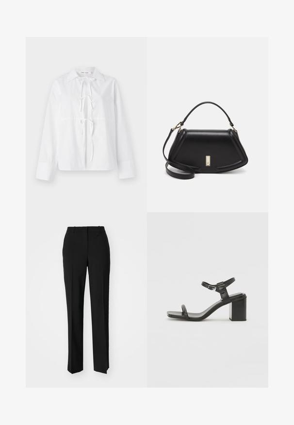 White long-sleeve shirt made of smooth fabric features a button-down collar, front tie closure, and cuffed sleeves. Simple and clean design.; Black tailored trousers with a straight-leg design, featuring a smooth texture and crisp creases along the front. No visible hardware.; Black leather block-heeled sandal with a wide strap across the toe and an adjustable ankle strap, featuring a sleek, minimalist design.; Black leather handbag with a structured design, featuring a cropped shape, top handle, and gold hardware accent. Adjustable shoulder strap included.