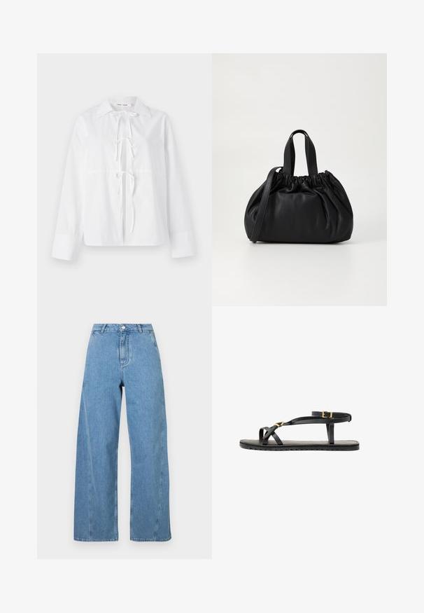White long-sleeve shirt made of smooth fabric features a button-down collar, front tie closure, and cuffed sleeves. Simple and clean design.; Light blue wide-leg jeans made of denim, featuring a high waist, straight cut, and contrasting stitching along the seams.; Black leather sandals with thin straps and a buckled ankle strap. Flat sole with a textured finish and zigzag edge. Minimalist design.; Black leather handbag with a gathered top design, featuring two short handles and a long adjustable strap. Smooth texture, rounded shape.