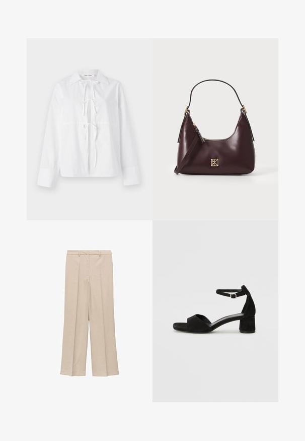 Camicia bianca a maniche lunghe realizzata in tessuto liscio, con colletto a revers, chiusura anteriore con nodo e maniche con polsino. Design semplice e pulito.; Pantaloni larghi beige chiaro con una texture liscia, caratterizzati da una frontale plissettata e tasche laterali, e un design con vita aderente.; Sandali con tacco in suede nero, con una sottile fascia alla caviglia, design open toe e un discreto tacco a blocco. Texture liscia e decorazioni minime.; Borse in pelle borgogna con forma curva, dettagli in oro sull'hardware e chiusura con cerniera. Presenta una tracolla staccabile.