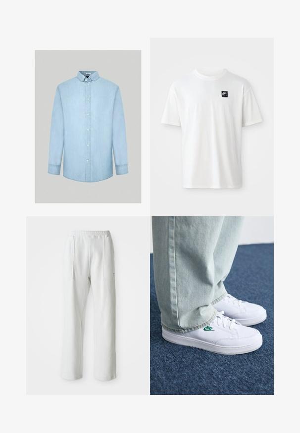 Šviesiai mėlynas džinsinis marškinis su ilgomis rankovėmis, mygtukų apykakle, priekiniais mygtukais ir lygia, vienoda tekstūra. Be raštų ar papildomų akcentų.; Balta medvilnės marškinėliai su trumpomis rankovėmis ir apvalia iškirpte; ant kairiojo krūtinės puikuojasi mažas juodas stačiakampis "Nike Air" logotipas.; Balti kasualūs keliai su elastinga juosta ir didelėmis priekinių kišenėmis, pavaizduoti ant paprasto šviesaus fono.; Balti odiniai sportbačiai su žaliu Nike logotipu, apvalia nosimi, plokščiu padu, derinami su šviesiai mėlynomis džinsinėmis kelnėmis, rodomi ant mėlynos kiliminės dangos.