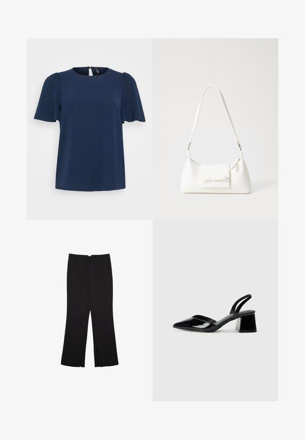 Dunkelblaues T-Shirt mit kurzen Ärmeln und strukturierter Oberfläche, rundem Halsausschnitt und einer Schlüsselöffnungsdetails am Rücken. Lässige Passform.; Schwarze Hose mit geradem Schnitt, ausgestattet mit Fronttaschen und Seitenschlitzen am Saum. Hergestellt aus weichem, glattem Stoff. Geeignet für verschiedene Anlässe.; Schwarze Lackleder-Slingback-High Heels mit spitzem Schuh und einem geometrischen Blockabsatz. Verfügt über ein schlankes, minimalistisches Design und eine glatte Textur.; Weiße synthetische Handtasche in dreieckiger Form, flache Vorderklappe und Schleifendetail, verstellbarer Trageriemen, glatte Textur und minimalistisches Design.