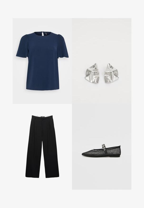 Mornarsko modra kratka majica s teksturirano površino, okroglo izrezano in z otvorbo v obliki ključavnice na hrbtni strani. Ohlapen kroj.; Široke črne hlače iz gladkega blaga. Značilne so sprednje gube, pas z zankami za pas in kroj, ki poudari postavo.; Črne mrežaste balerinke s konico, dekorativnim trakom in podrobnostmi s sponko. Teksturna zgornji del in gladek črn podplat.; Srebrni kovinski uhani z valovitim, skulpturalnim dizajnom, ki se ponašajo s poliranim zaključkom in nerednimi oblikami, kar poudarja sodobno estetiko.