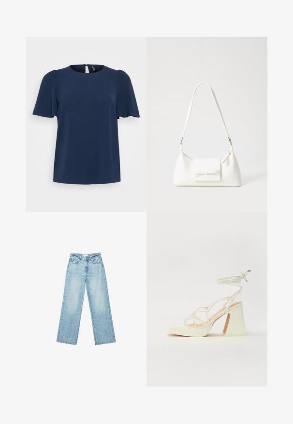 Haut à manches courtes bleu marine avec une finition texturée, un col rond et une ouverture en forme de goutte d'eau à l'arrière. Coupe décontractée.; Jeans en denim bleu clair à jambe large avec une taille haute, présentant un délavage léger et de petits détails de déchirures éparpillés.; Sandale blanche à talons hauts avec un talon épais, présentant un design à lanières et un lien autour de la cheville. Texture lisse avec une plateforme à l'avant pour une hauteur supplémentaire.; Sac à main synthétique blanc en forme triangulaire, avec un rabat avant plat et un détail en nœud, une bandoulière ajustable, une texture lisse et un design minimaliste.