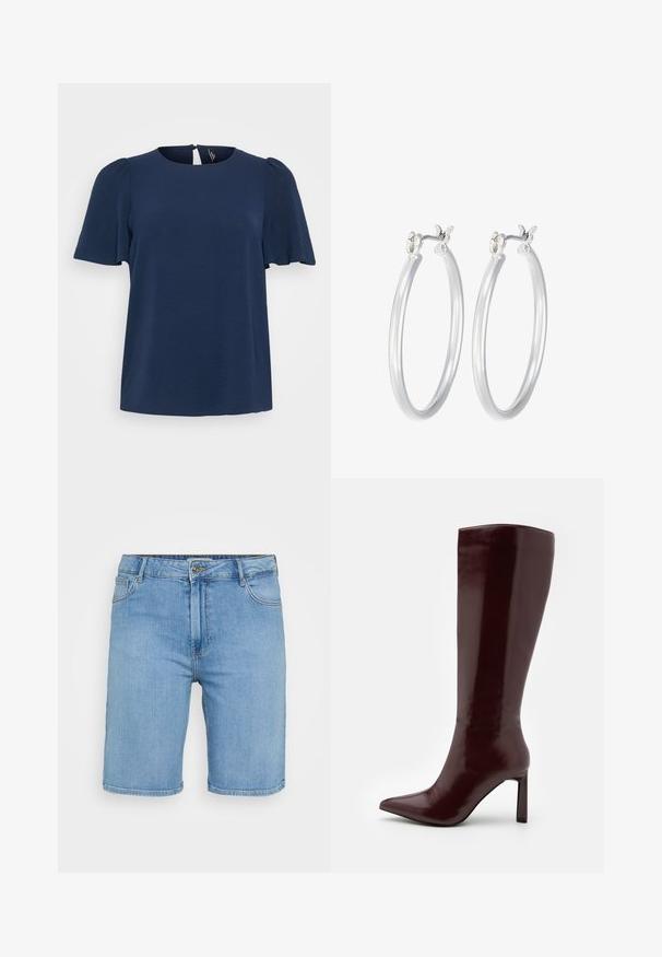 Top blu navy a maniche corte con finitura testurizzata, scollo rotondo e aperture a chiave sul retro. Vestibilità comoda.; Pantaloni shorts in denim azzurro chiaro con taglio classico, dotati di chiusura frontale con bottone, passanti per cintura e due tasche laterali. Texture liscia e orlo dritto.; Even&Odd Stivali alti - dark red; Orecchini a cerchio in argento con una finitura liscia e lucida. Forma rotonda e chiusura a scatto sicura. Design leggero adatto per l'uso quotidiano.