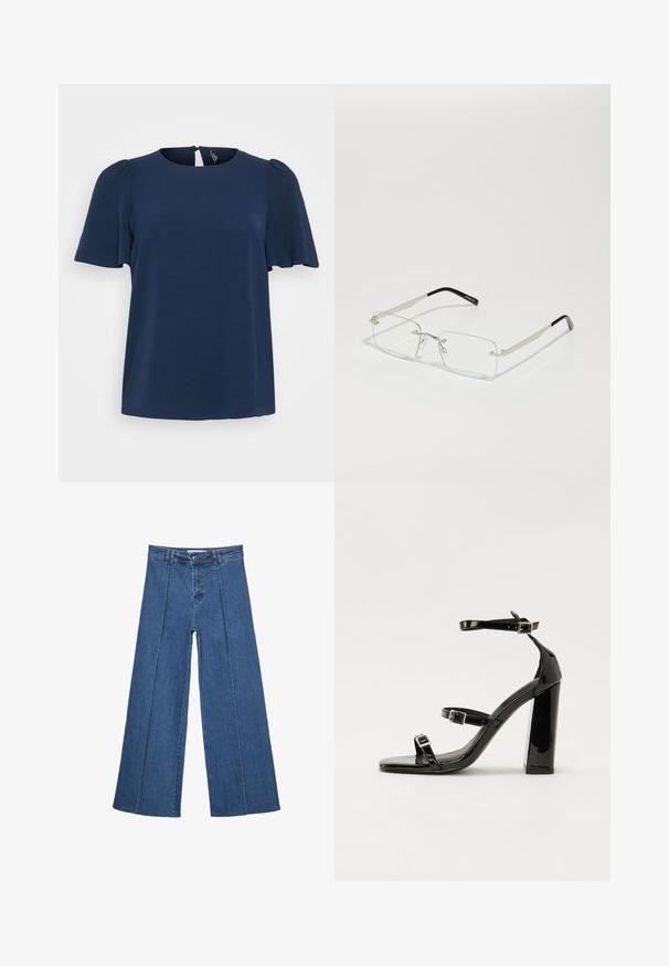 Navy blue short-sleeve top with a textured finish, round neckline, and a keyhole opening at the back. Relaxed fit.; Wide-leg denim jeans in medium blue, featuring a high waist, button closure, and contrasting vertical seam details along the front.; Black patent heeled sandals with a square toe, ankle straps, and silver buckles. Features a chunky block heel for stability.; Rectangular, clear-lensed glasses with a thin silver metal frame and black acetate tips. Features minimal hardware for a sleek design.