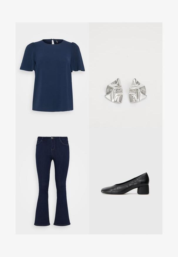 Navy blauwe top met korte mouwen, een gestructureerde afwerking, een ronde halslijn en een keyhole-opening aan de achterkant. Losse pasvorm.; Donkerblauwe high-waisted denim jeans met een aansluitende pijp en een lichte flare aan de onderkant, voorzien van voorzakken en een knoopsluiting.; Zwarte leren pump met een ronde neus en een middenblokhak. Glad textuur met minimale details, voorzien van een subtiele elastische opening.; Zilveren metalen oorbellen met een golvend, sculpturaal ontwerp, voorzien van een gepolijste afwerking en onregelmatige vormen, die een hedendaagse esthetiek benadrukken.