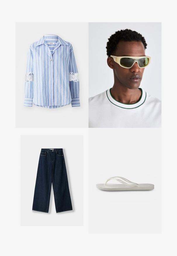 sandro HAUT - Hemdbluse - bleu/blanc; Dunkelblaue, weit geschnittene Jeans aus Denim. Verfügt über fünf Taschen, einen Knopf- und Reißverschluss sowie Kontrastnähte.; Weiße Flip-Flops mit einer strukturierten Sohle, dünnen Riemen und einem flachen Design. Hergestellt aus Gummi mit einem dezenten Logo auf der Fußsohle.; Sonnenbrille mit einem durchsichtigen gelben Rahmen und grün getönten Gläsern. Winkeliges Design mit breiten Bügeln, getragen mit einem weißen Hemd mit grünen Akzenten.; Geflochtene Strohtasche mit braunen Lederakzenten, zwei Griffen und einem abnehmbaren Gurt. Kurvenform mit einem stabilen Boden.