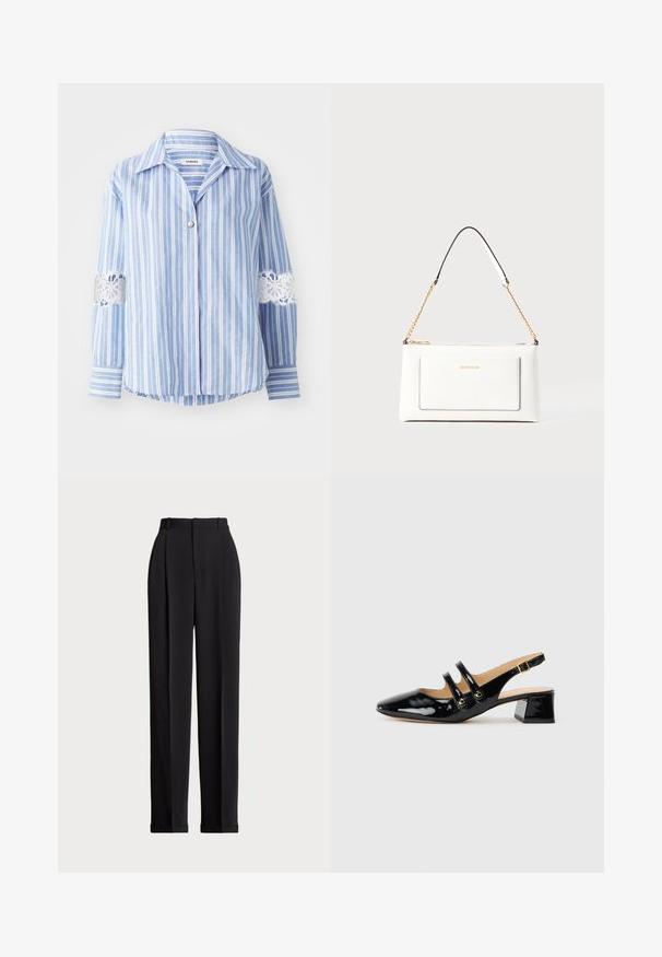 sandro HAUT - Gombos blúz - bleu/blanc; Fekete, testre szabott nadrág magas derékkal, elöl redőkkel, egyenes láblineáris kialakítással és halkézével. Sima anyagból készült.; Fekete lakkbőr slingback cipő hegyes orral, két pántos részlettel, arany kerek kiegészítőkkel és alacsony blokk sarkú kivitelben.; Fehér bőr kézitáska, texturált felülettel, arany lánccal és fekete részletekkel. Elülső zsebbel és cipzáros zárással rendelkezik.