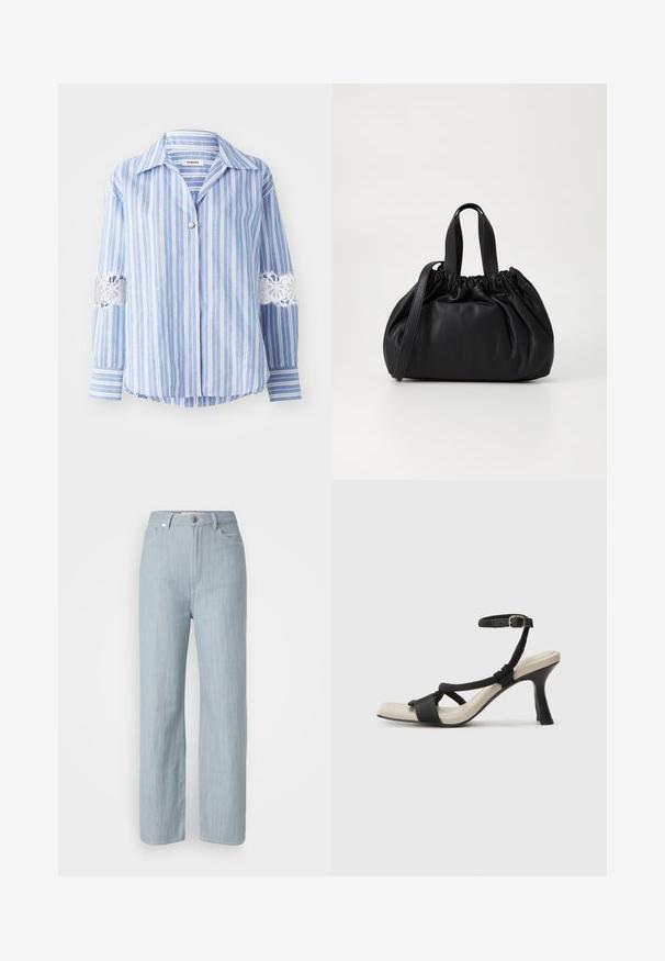 sandro HAUT - Nööpidega pluus - bleu/blanc; Heledad sinine sirge säärtega teksapüksid, mis on valmistatud denimkangast. Omab viit taskut, metallist nupuga sulgemist ja õrna kulumist tekstuuri jaoks.; Mustad musta kontsaga sandaal, millel on punutud rihma disain, ruudukujuline varvas ja reguleeritav pahkluu rihm. Heleda beeži värvi jalapadi ja läikiv must konts.; Mustmust mustkott mustrihmaga ülaosa disainiga, millel on kaks lühikest käepidet ja pikk reguleeritav rihm. Sile tekstuur, ümar kuju.