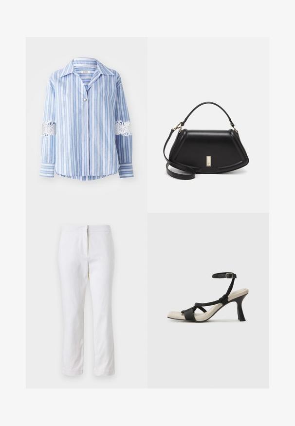 sandro HAUT - Camicia - bleu/blanc; Pantaloni bianchi in cotone con design a gamba dritta, caratterizzati da una vita a media altezza e senza hardware o motivi visibili. Tessuto liscio su tutta la superficie.; Sandal con tacco nero e design con cinturino intrecciato, punta quadrata e cinturino alla caviglia regolabile. Soletta beige chiaro con tacco nero lucido.; Borsa a mano in pelle nera con un design strutturato, caratterizzata da una forma corta, manico superiore e accessori in metallo dorato. Inclusa tracolla regolabile.