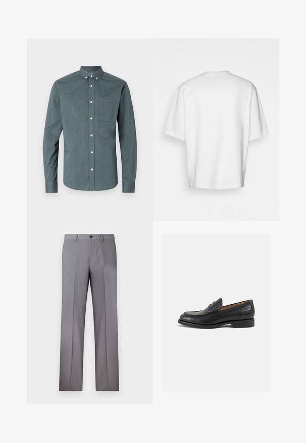 Overhemd met knopen in diep teal, lange mouwen, knoop-ondernek, één borstzak, voorzien van witte knopen en een gestructureerde stof.; Witte t-shirt met korte mouwen, losse fit, ronde halslijn, gladde katoenen stof, ongeversierde achterkant, rechte zoom, geen patronen of accenten.; Grijze op maat gemaakte broek met een platte voorkant, twee zijzakken en een enkele knoopsluiting. Glad textuur met een subtiel streepjespatroon.; Zwarte leren loafers met een gladde afwerking, ronde neus en decoratieve stiksels op de wreef. Lage gestapelde hak en een lichte glans.