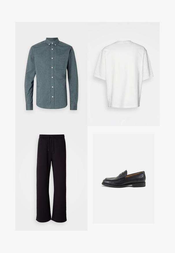 Button-up shirt in dark teal, long sleeves, button-down collar, single chest pocket, featuring white buttons and a textured fabric.; White, short-sleeved t-shirt with a round neckline, made from cotton. Simple design, no patterns or accents, viewed from the back.; Black sweatpants made of soft material, featuring a drawstring waist, loose fit, and straight leg design. Minimalist style with no patterns.; Black leather loafers with a smooth finish, rounded toe, and decorative stitching on the vamp. Low stacked heel and slight shine.