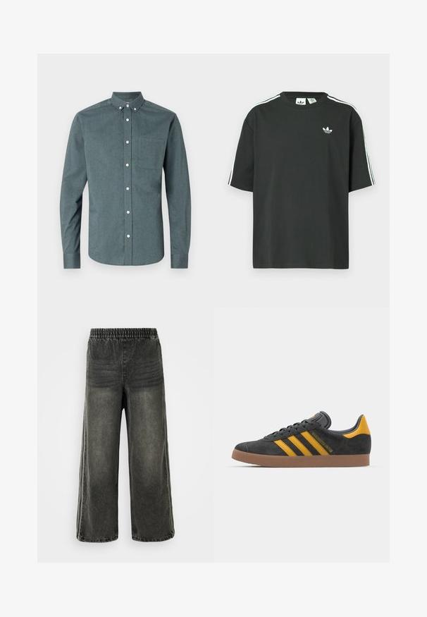 Camicia button-up in verde scuro, maniche lunghe, colletto button-down, taschino singolo sul petto, con bottoni bianchi e tessuto testurizzato.; Maglietta nera in cotone con maniche corte, scollo rotondo e dettagli bianchi a tre strisce sulle spalle. Presenta un piccolo logo bianco sul petto.; Pantaloni in denim neri lavati con vita elasticizzata e gambe larghe, caratterizzati da sottili dettagli di cucitura verticale sui lati.; Sneaker in suede nero con dettagli gialli, dotato di tre strisce e una suola in gomma marrone. Include una linguetta imbottita per il comfort.