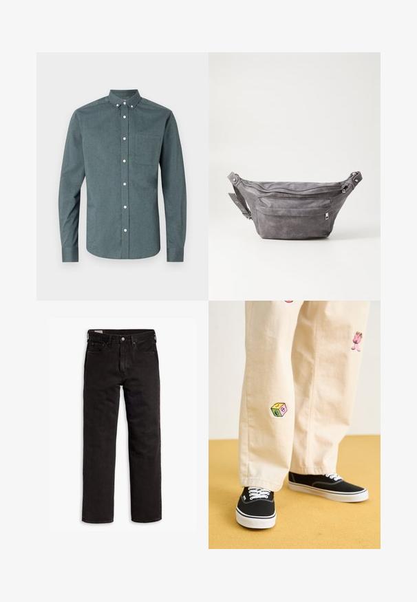 Kreklu ar pogām tumši zilo krāsā, garām piedurknēm, pogām piesprādzētu apkakli, vienu krūšu kabatu, ar baltām pogām un teksturētu audumu.; Melnas taisnās kājas džinsu bikses ar piecām kabatām, pogu aizdari un jostas cilpām, izliktas uz balta fona.; Beige kokvilnas bikses ar rotaļīgiem izšūtiem dizainiem, tostarp rozā raksturs un krāsains bloks, saskaņotas ar melniem kurpēm ar auklām.; Pelēks zamšādas jostas somiņa ar noapaļotu formu, divām kabatām ar rāvējslēdzējiem un regulējamu siksnu. Iekļauj metāla aksesuārus.