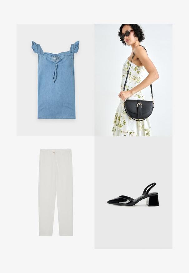 Lyseblå denimtop med volangdetaljer på skulderstroppene, rynket utringning og snor som kan strammes foran. Glatt tekstur, avslappet design.; Hvite, skreddersydde bukser med rette ben, med knapplukking, beltehemper og sidelommer; glatt tekstur.; Svarte patentlær slingback hæler med spiss tå og geometrisk blokk hæl. Har et stilrent, minimalistisk design og jevn tekstur.; Svart lærveske med en buet form, avtagbar stropp og gullbeslag. Vesken har et klaff med spenne-detall.