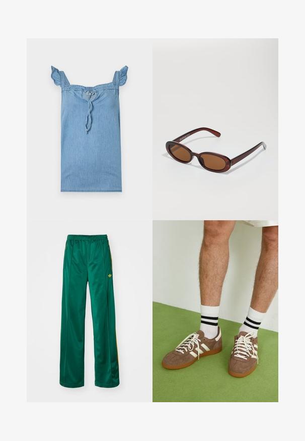 Šviesiai mėlyna džinsinė palaidinė su raukšlėmis pečių dirželiais, surinkta iškirpte ir su raišteliu priekyje. Glotni tekstūra, kasdieniškas dizainas.; Žalios satino sportinės kelnės su laisvu prašymu, su geltonais juostos akcentais ir išsiuvinėtu logotipu kairėje pusėje. Elastingas juosmuo.; Rudoni veršiai sportbačiai su baltais akcentais ir raišteliais. Gumos padu. Dėvimi su baltais kojinėmis, turinčiomis juodas juostas. Žalios tekstūruotos grindys.; APvalūs, rudos spalvos saulės akiniai su blizgia burgundinės spalvos rėmeliu. Plonos šakutės su subtiliu ženklinimu. Lygus objektyvo dizainas.