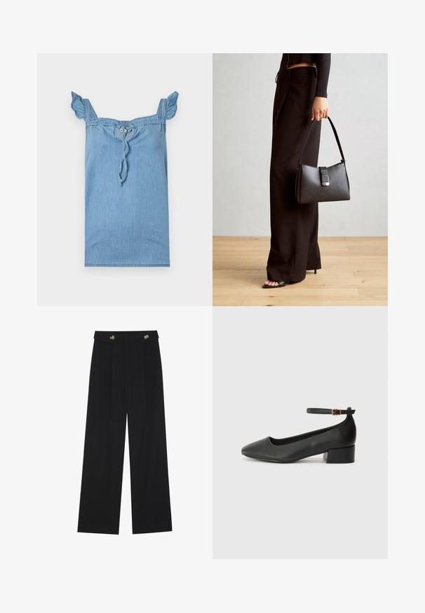 Lichtblauw denim top met gerimpelde schouderbanden, een gathered halslijn en een trekkoord aan de voorkant. Gladde textuur, casual ontwerp.; Zwarte wijde broek met hoge taille, knoopdetails op de tailleband en plooien aan de voorkant.; Zwarte leren pump met een spitse neus en een lage blokhak. Beschikt over een enkelband met een goudkleurige gespsluiting. Gladde textuur.; Zwarte handtas met gestructureerde vorm, gladde textuur en een metalen sluiting. Gecombineerd met brede zwarte broeken en sandalen met open teen op een houten vloer.