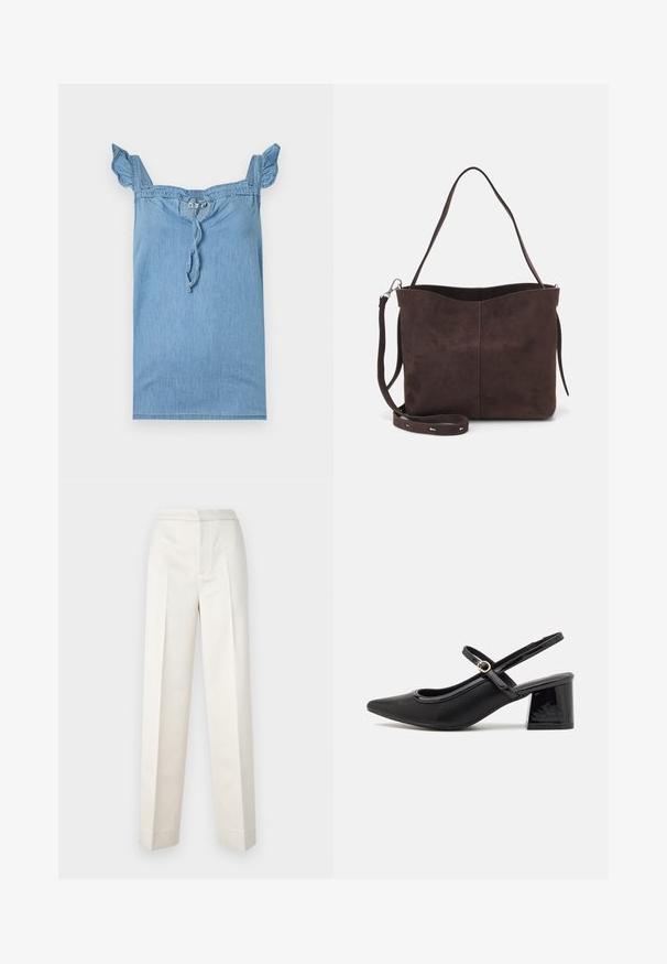 Világoskék farmer felső fodros vállpántokkal, ráncolt nyakkivágással és elöl húzózsinórral. Simább textúra, laza dizájn.; Krémszínű nadrág, szabott fazonnal, egyenes szárakkal, sima anyagból, elöl pliszírozott és letisztult szegéllyel. Minimális dizájn.; Fekete lakk bőr, pántos magassarkú cipő, hegyes orral, lekerekített kivágással és tömbsarkal. Arany színű csat díszíti.; Barna velúrbőr táska puha tapintással, egyetlen vállpánttal és finoman ívelt felső nyitással. Nincs látható fémrész.