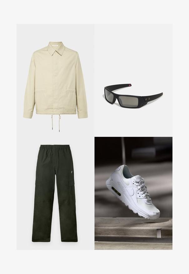 Šviesiai kreminės spalvos, ilgomis rankovėmis, švarkas su apykakle, priekyje uždaromas mygtukais, turi dvi šonines kišenes. Virvutė apačioje leidžia reguliuoti dydį.; Tamsiai žali kroviniai šortai iš elastingos medžiagos, turintys dvi šonines kišenes ir mažą logotipą priekyje.; Baltos Nike Air Max 90 sportbačiai su.comi ir odos viršumi, perforuota pirštų dėžute ir matomu oro pagalvėle kulne.; Juodi akiniai saulės su matinio paviršiaus užbaigimu, stačiakampiai lęšiai, švelnus lenkimas ant šventyklų, subtilus logotipo detalizavimas ir dūminiai lęšiai.