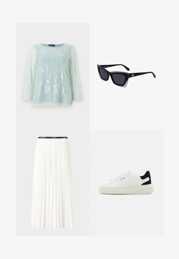 Blusa trasparente azzurro chiaro con maniche lunghe, caratterizzata da ricami di meduse iridescenti e paillettes, scollo rotondo e una vestibilità comoda.; Gonna bianca plissettata con elastico nero in vita che presenta il logo "LACOSTE". Design di lunghezza media con texture morbida.; Sneaker bianchi in pelle con suola spessa bianca, accento in suede nero sul tallone e logo impresso sul lato. Design con lacci e sei fori per i lacci.; Occhiali da sole oversize neri dalla forma geometrica, con lenti scure e un dettaglio grigio a contrasto sulla montatura. Logo sul braccio.
