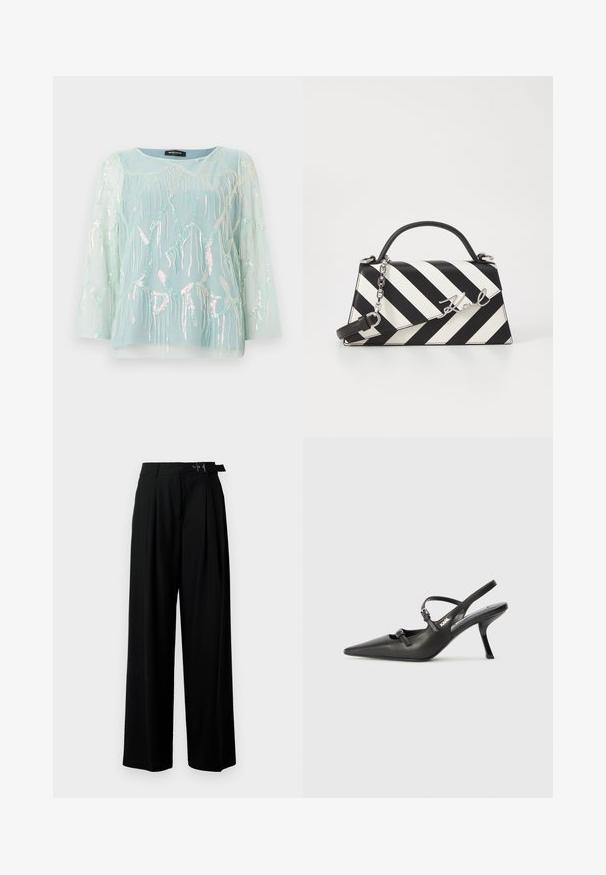 Lys blå gjennomsiktig bluse med lange ermer, pyntet med iriserende maneter broderi og paljetter, rund hals og en avslappet passform.; Svarte vide bukser med høy livlinje, folder foran og belte med spenne. Laget av glatt, lett materiale.; Sorte skinn slingback-hæler med spiss tå, slank hæl og dekorativ spenne detalj på vampsiden. Glatt tekstur og stilrent design.; Svart- og hvitstripet håndveske med en strukturert form, som har et topphåndtak, en avtakbar kjedestropp, og metallisk logo-akcent.