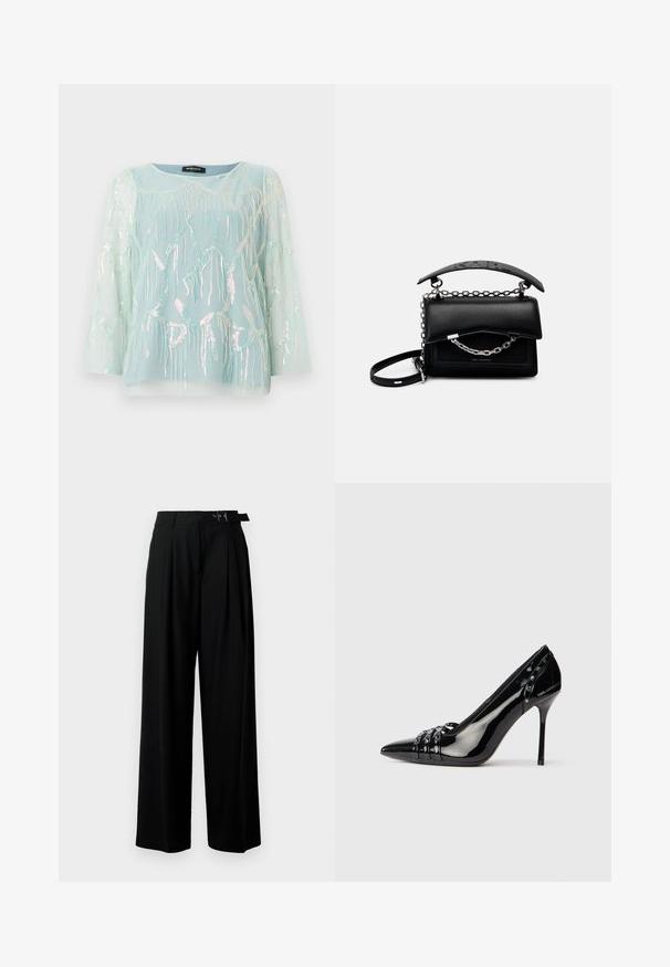 Light blue sheer blouse with long sleeves, featuring iridescent jellyfish embroidery and sequins, round neckline, and a relaxed fit.; Black wide-leg trousers with a high waist, pleats at the front, and a belt featuring a buckle. Made from smooth, lightweight fabric.; Black patent leather stiletto heel shoe with pointed toe, three decorative straps with studs, and "Karl Lagerfeld" branding on heel.; Black leather handbag with a structured design, chain and handle accents, and a textured surface. Features a flap closure with branding visible.