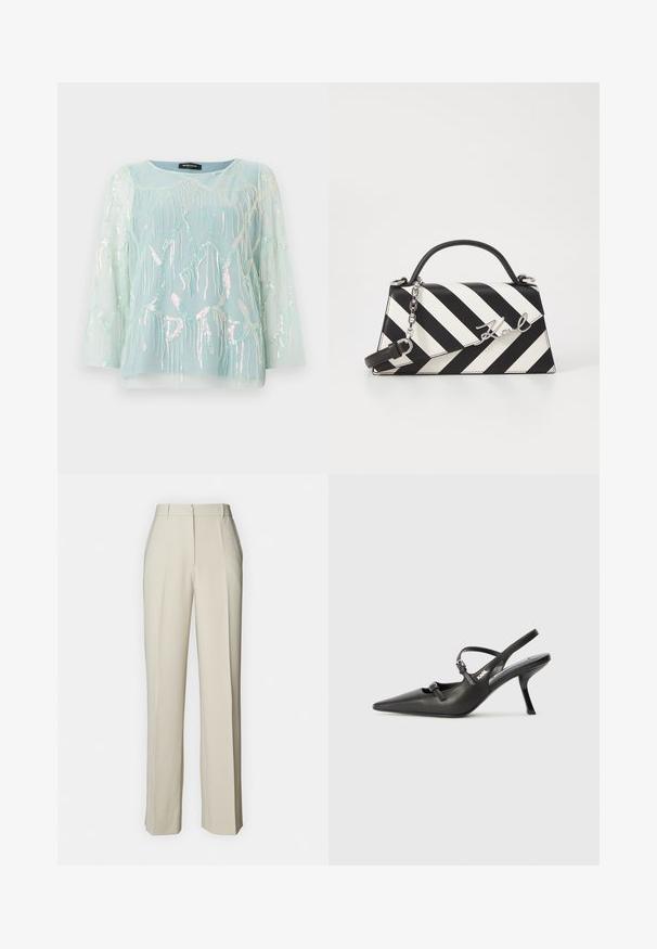 Hellbluse aus transparentem Stoff mit langen Ärmeln, verziert mit schillernden Quallen-Stickereien und Pailletten, rundem Ausschnitt und lockerer Passform.; Beige maßgeschneiderte Hose mit geradem Schnitt, ausgestattet mit vorderen Falten, einem flachen Bund und glatter Textur für ein sauberes Finish.; Schwarzlederne Slingback-Absätze mit spitzer Zehenform, schlankem Absatz und dekorativem Schnallendetail auf dem Blatt. Glatte Textur und elegantes Design.; Schwarz-weiße gestreifte Handtasche mit strukturierter Form, ausgestattet mit einem oberen Griff, einem abnehmbaren Kettenriemen und einem metallischen Logo-Detail.