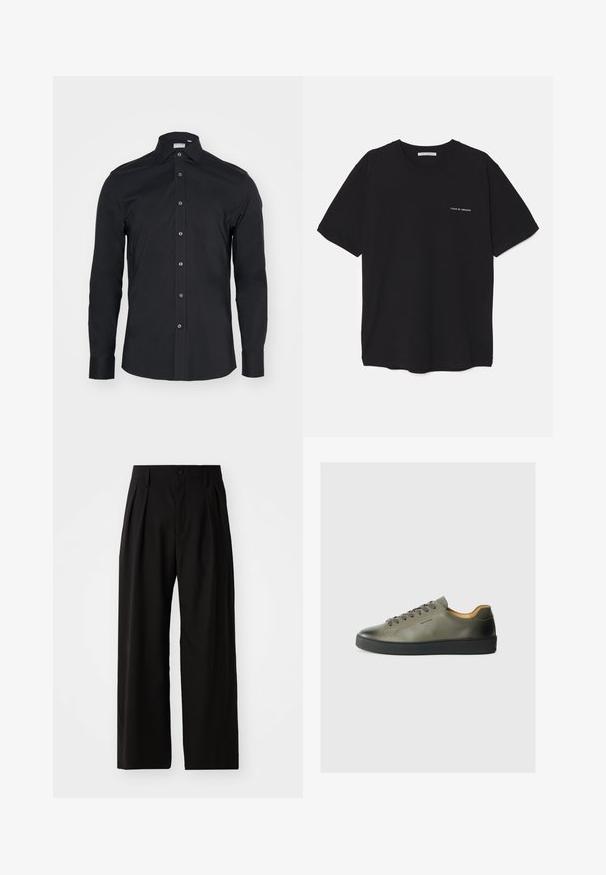 Melna garo piedurkņu pogāju krekls ar klasisku apkakli. Izgatavots no gludas auduma, tam ir priekšējās pogas un noapaļotas aproces.; Melnas kokvilnas T-krekls ar apaļu kaklu, īsām piedurknēm un baltu logotipa uzdruku kreisajā krūtī. Vienkāršs, vienkrāsains dizains.; Melnas, plašas bikses ar gludu tekstūru, ar diviem priekšējiem krokām, pogu aizdari un sānu kabatām. Izturīgs audums.; Olīvu zaļi ādas sporta apavi ar melnu gumijas zoli. Iespējas ietver apaļu purngalu, toņu šņorēšanas elementus un minimālistisku dizainu. Iekšpuse odere ar brūnu materiālu.