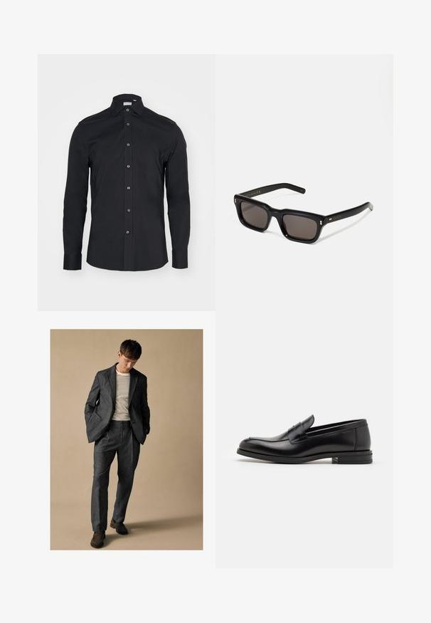 Cămașă neagră cu mâneci lungi, căptușită cu guler clasic. Fabricată dintr-un material neted, prezintă nasturi pe partea frontală și manșete rotunjite.; Costum gri, ajustat, cu rever în formă de denivelare și buzunare în față, asociat cu o cămașă cu dungi. Pantalonii au o croială lejeră și detalii de pliuri. Pantofi maronii.; Mocasini din piele neagră cu o textură netedă, vârf rotund și o curea decorativă peste partea superioară. Toc mic, design minimalist.; Ochelari de soare negri, rectangul care au lentile întunecate, ramă din plastic gros, accente aurii pe brațe și logo-ul brandului gravat pe mâner.