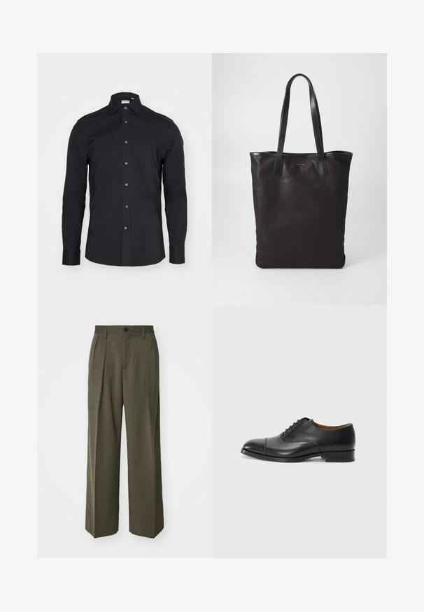 Fekete, hosszú ujjú, gombos ing klasszikus gallérral. Simább anyagból készült, elől gombokkal és lekerekített mandzsettákkal.; Filippa K WIDE TROUSERS - Nadrágok - driftwood; Fekete bőr dress cipő sima felülettel, lekerekített orral, öt fűzőlyukkal és alacsony blokksarkal. Minimalista dizájn, finom varrásokkal.; Fekete vászontáska fekete bőr füllel. Egyszerű dizájn, tágas test és sima textúra. Nincsenek látható logók vagy minták.