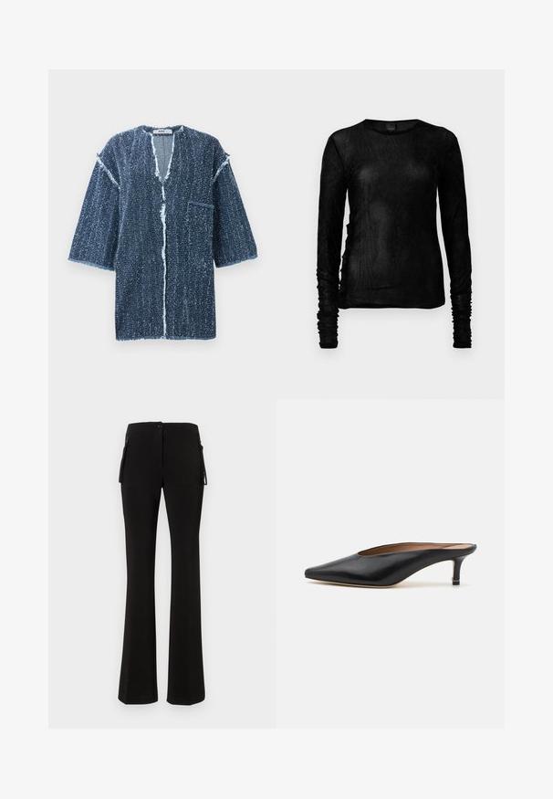 Donkerblauwe, gestructureerde kortef sleev jasje met een V-hals, rafelige randen, een voorzak en een losse pasvorm. Ontworpen met een open voorkant.; Zwarte langemouwen top in een lichtgewicht, gestructureerde stof met geplooide accenten langs de mouwen en zijnaad. Ronde hals.; Zwarte flared pants van een gladde, rekbare stof. Voorzien van een knoopsluiting aan de voorkant en zijzakken met rits voor extra functionaliteit.; Zwarte leren muiltjes met een puntige neus en een lage, blokhak. Glad oppervlak met een gestroomlijnd ontwerp. Open achterkant met minimale details.