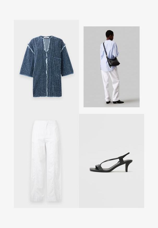Dunkelblaue, strukturierte Kurzarmjacke mit V-Ausschnitt, fransigen Kanten, Fronttasche und lockerer Passform. Entwickelt mit einem offenen Vorderteil.; Weiße, weit geschnittene Hosen aus leichtem Stoff, mit glatter Textur, klaren Linien und einem Hochbund-Design.; Schwarze Absatzsandalen mit einem schlanken Riemendesign, quadratischer Zehenpartie und einem Blockabsatz mittlerer Höhe. Hergestellt aus glattem Leder mit matter Oberfläche.; Schwarze Leder-Umhängetasche mit weicher Textur, dreieckiger Form und verstellbarem Tragegurt, kombiniert mit einem hellblauen gestreiften Hemd und weißen Hosen.