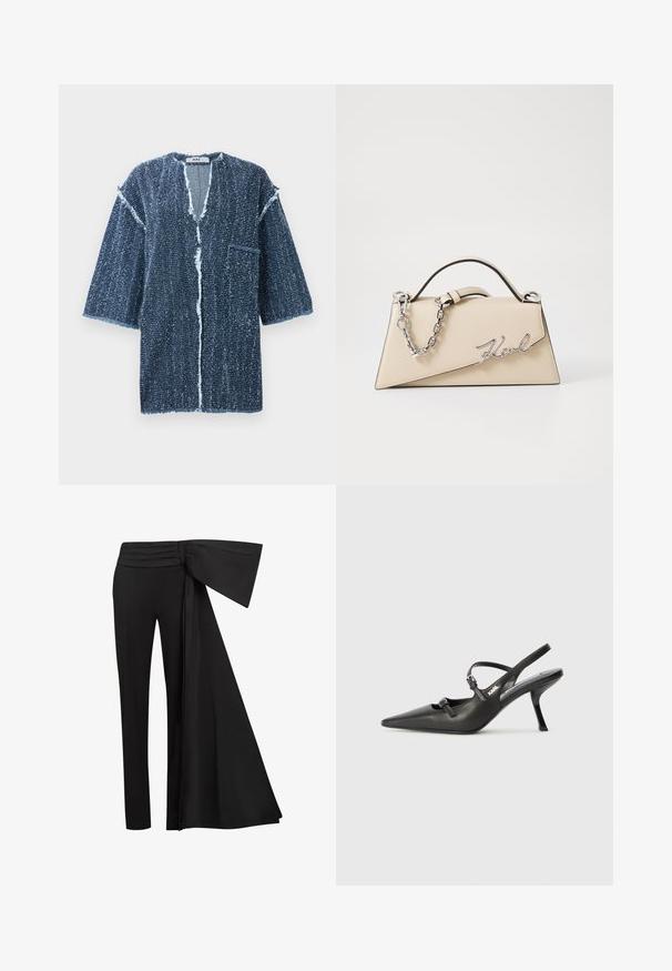 Dunkelblaue, strukturierte Kurzarmjacke mit V-Ausschnitt, fransigen Kanten, Fronttasche und lockerer Passform. Entwickelt mit einem offenen Vorderteil.; Schwarze Hosen mit einem breiten, drapierten Taillendetail. Glattes Material, gerade Beinform und gefalteter Bund.; Schwarzlederne Slingback-Absätze mit spitzer Zehenform, schlankem Absatz und dekorativem Schnallendetail auf dem Blatt. Glatte Textur und elegantes Design.; Beige Leder-Handtasche mit einer strukturierten, dreieckigen Form, ausgestattet mit einem silbernen Kettenhenkel und einem geschwungenen Logo aus Metall.