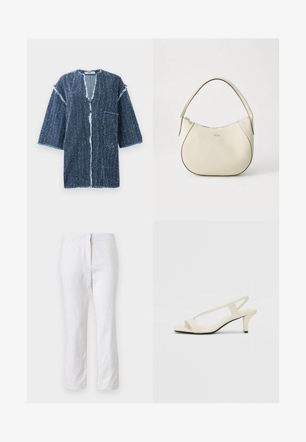 Veste courte à manches courtes, en bleu foncé texturé, avec un décolleté en V, des bords effilochés, une poche avant et une coupe ample. Conçue avec un devant ouvert.; Pantalons en coton blancs avec une coupe droite, dotés d'une taille mi-haute et sans matériel ou motifs visibles. Texture lisse sur l'ensemble.; Sandales beiges à talons carrés avec des fines brides et un bout carré. Matière lisse avec des détails minimaux, conçues pour un port facile.; Sac à main couleur crème avec une finition texturée, forme courbée, anses courtes et détail de logo doré. Fermeture éclair sur le dessus.