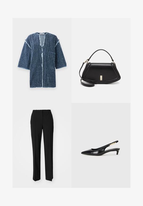 Tamno plavi teksturirani sako s kratkim rukavima, V-izrezom, izrezanim rubovima, prednjim džepom i labavim krojem. Dizajniran s otvorenim prednjim dijelom.; Crne krojene hlače ravnog kroja, s glatkom teksturom i oštrim pregibima naprijed. Bez vidljivih metalnih dijelova.; Crne kožne sandale s petom, s izduženim vrhom, imaju usku petu i zlatni akcent na podesivoj traci. Glatka tekstura.; Crna kožna torba s strukturiranim dizajnom, s krojenim oblikom, gornjom drškom i zlatnim detaljima. Uključena je podesiva ramena traka.