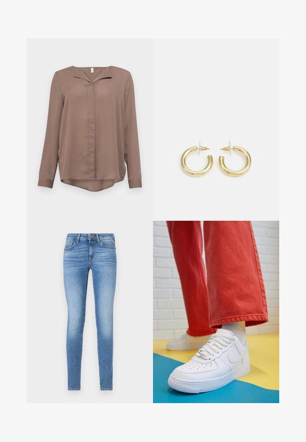 ONLY ONLTIANA LIFE LOOSE - Bluza - brown lentil; Tanjši modri jeans z višjim pasom, sprednjim gumbom in petimi žepi.; Beli usnjeni športni čevlji s perforiranim prstnim delom, teksturiranim podplatom in belimi vezalkami, v kombinaciji s širokimi rdečimi hlačami in modro-rumeno ozadje.; Zlate uhane v obliki obročkov z gladko, sijočo površino. Krožna zasnova s majhnim nosilcem in prozornim podplatom za varno nošenje.