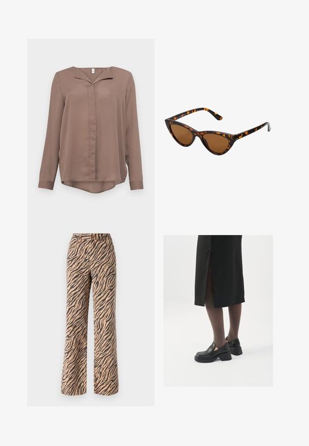 ONLY ONLTIANA LIFE LOOSE - Blouse - brown lentil; Pantalons à jambes larges avec un motif rayé tigre dans des nuances de marron et de noir, dotés d'une taille standard et d'un design à cinq poches.; Chaussures noires en cuir avec un bout arrondi, un épais talon bloc et des accents latéraux élastiques, associées à des bas foncés et une jupe noire avec une fente.; Lunettes de soleil style œil de chat avec une monture en écaille de tortue noire et orange, verres marron et pointes effilées et élégantes. Présente un logo minimaliste sur la branche.; Boucles d'oreilles en or avec une finition lisse et brillante. Design circulaire présentant un petit clou et une attache transparente pour un port sécurisé.
