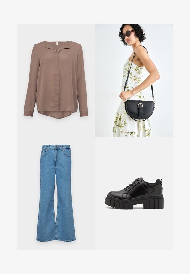 ONLY ONLTIANA LIFE LOOSE - Blusa - brown lentil; Jeans acampanados de color azul claro hechos de denim, con una cintura alta, cinco bolsillos y un cierre de botón. Textura suave con acabado desgastado.; Zapatos de plataforma de cuero negro con un tacón cuadrado grueso, punta redonda y diseño tradicional de cordones. Presenta una textura suave y un detalle minimalista.; Bolso de piel negra con forma curva, correa desmontable y herrajes dorados. El bolso cuenta con una solapa con un detalle de hebilla.