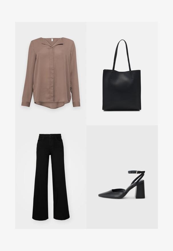 ONLY ONLTIANA LIFE LOOSE - Camicetta - brown lentil; Pantaloni neri a gamba larga in denim, con una vita strutturata, passanti per la cintura e tasche frontali. Texture liscia con un design classico.; Pump in pelle nera con punta affusolata, cinturino alla caviglia e tacco spesso. Texture piatta, design elegante ed estetica minimalista.; Borsa tote in pelle nera con texture liscia, forma rettangolare e due manici lunghi. Nessun hardware o decorazione visibile.