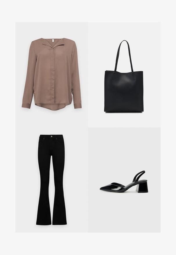 ONLY ONLTIANA LIFE LOOSE - Blouse - brown lentil; Black high-waist jeans with a button and zip closure, front pockets, and flared legs laid flat on a white background.; Black patent leather slingback heels with a pointed toe and a geometric block heel. Features a sleek, minimal design and smooth texture.; Black leather tote bag with smooth texture, rectangular shape, and two long handles. No visible hardware or embellishments.