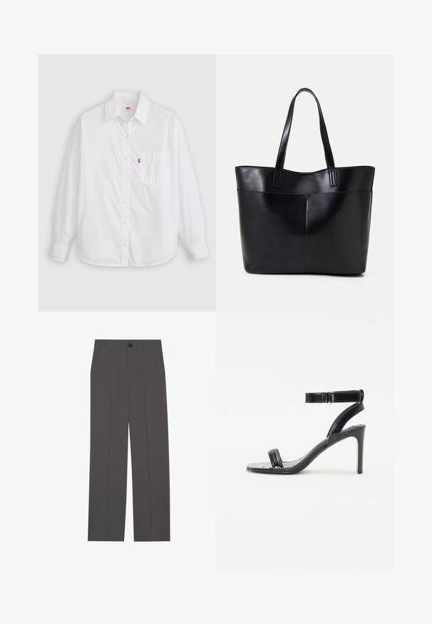 Bílá košile s dlouhým rukávem na knoflíky vyrobená z bavlny. Obsahuje límec, přední kapsu, zaoblený lem a malou červenou štítkovou značku poblíž kapsy.; Šedé kalhoty se střihem rovného nohavice, vybavené dvěma bočními kapsami a knoflíkovým zapínáním. Hladká tkanina bez viditelných vzorů nebo akcentů.; Černé sandály na vysokém podpatku s lesklým povrchem, se dvěma štíhlými popruhy a popruhem kolem kotníku, umístěné na štíhlém stiletto podpatku.; Černá kožená taška s dlouhými ušima, hladkým povrchem a strukturovaným tvarem. Obsahuje přední kapsu pro další úložný prostor.
