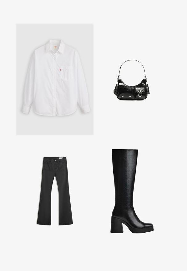 Biela košeľa s dlhým rukávom na gombíky vyrobená z bavlny. Obsahuje golier, prednú vrecko, zaoblený lem a malú červenú nášivku s logom blízko vrecka.; Čierne rozšírené džínsy vyrobené z denimu s hladkou textúrou, obsahujúce dve zadné vrecká a zapínanie na gombík v páse.; Čierne vysoké čižmy po kolená vyrobené z textúrovaného syntetického materiálu, s hranatou špičkou, robustným vysokým podpätkom a hladkým, elegantným povrchom.; Čierna laková kožená kabelka s ohnutým tvarom, jedným ramenným popruhom, prednými vreckami a striebornými kovovými doplnkami.