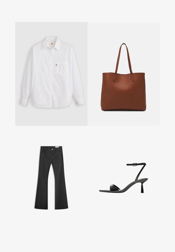 White long-sleeve button-up shirt made of cotton. Features a collar, a front pocket, rounded hem, and a small red logo tag near the pocket.; Black flared jeans made of denim with a smooth texture, featuring two back pockets and a button closure at the waist.; Bershka High heeled sandals - black; Brown leather tote bag with a smooth texture, open top design, and two shoulder straps. Features minimal stitching and no visible hardware.