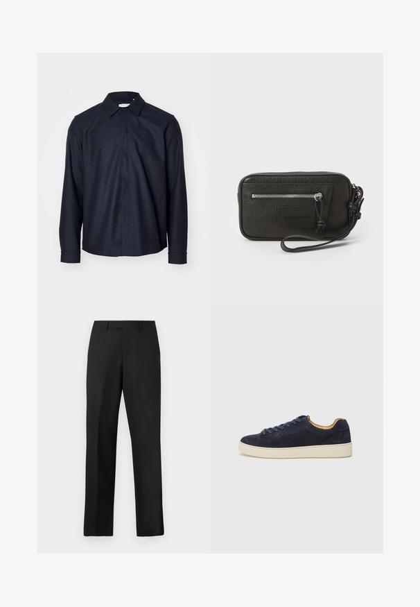 Námornícky modrá, košeľa s dlhým rukávom s klasickým golierom, predným zapínaním na gombíky a hladkou textúrou s priliehavým strihom.; Čierne nohavice s rovnými nohavicami vyrobené z hladkej látky. Majú štandardný pás a žiadne viditeľné vzory alebo ozdoby.; Námornícky semišové nízkopoložené tenisky s okrúhlou špičkou, krémovou gumovou podrážkou a zodpovedajúcimi šnúrkami; majú kontrastnú hnedú vnútornú podšívku.; Čierna kožená kabelka s textúrovaným povrchom, predná zipová vrecko a odnímateľný remienok na zápästie. Obsahuje logo nášivku na prednej strane. Obdĺžnikový tvar.