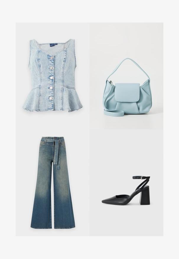 Ljusblå denim peplumtop med rundad halsringning, sex silverfärgade tryckknappar och sömmar som går genom hela plagget.; Breda denimbyxor med en ljus till mörkblå gradient, hög midja, bälteshällor och ett matchande tygbälte. Texturerad denimfinish.; Svart läderpumps med spetsig tå, ankelrem och kraftig klack. Slät textur, stilren design och minimalistisk estetik.; Ljusblå läderhandväska med ett handtag på toppen, framficka med klaff och avtagbar handledsrem på vit bakgrund.