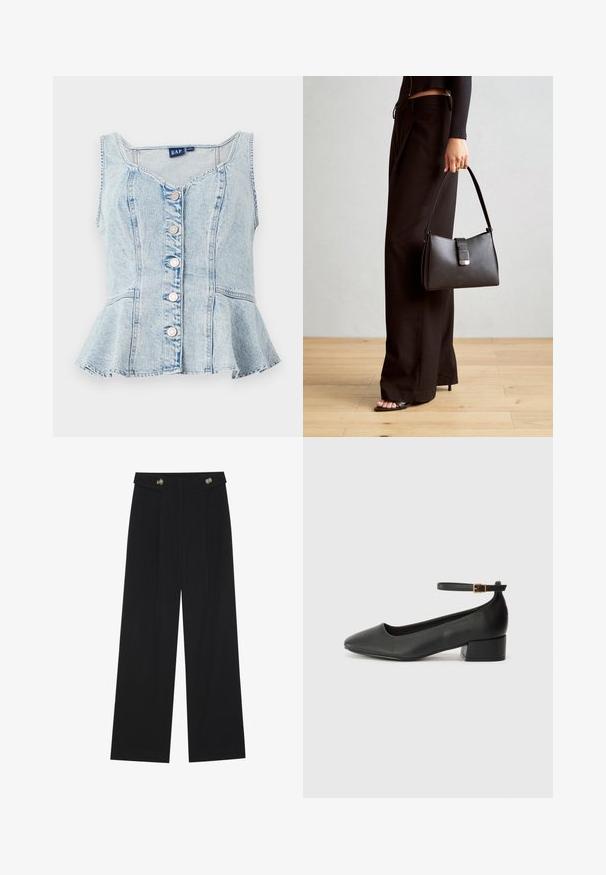 Top peplum in denim azzurro chiaro con scollatura a girocollo, sei bottoni a pressione argentati e dettagli cuciti.; Pantaloni neri a gamba larga con vita alta, dettagli con bottoni in vita e pieghe frontali.; Pump in pelle nera con punta affusolata e tacco basso a blocco. Presenta una cinghia alla caviglia con una fibbia in tonalità oro. Texture liscia.; Borsa nera con forma strutturata, texture liscia e una chiusura metallica. Abbinata a pantaloni neri larghi e sandali open-toe su un pavimento in legno.