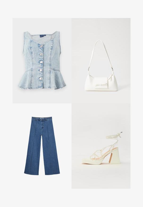 Světle modrý denimový peplum top s výstřihem do lodičky, šesti stříbrnými patentkami a švy po celém povrchu.; Džíny s širokými nohavicemi v středně modré barvě, se zvýšeným pasem, knoflíkovým zapínáním a kontrastními vertikálními švy vpředu.; Bílé sandály na vysokém podpatku s robustním podpatkem, s designem s pásky a zavazováním kolem kotníku. Hladký povrch s platformou vpředu pro zvýšení výšky.; Bílá syntetická kabelka v trojúhelníkovém tvaru, s plochým předním klopným víkem a detailem mašle, nastavitelným popruhem, hladkým povrchem a minimalistickým designem.