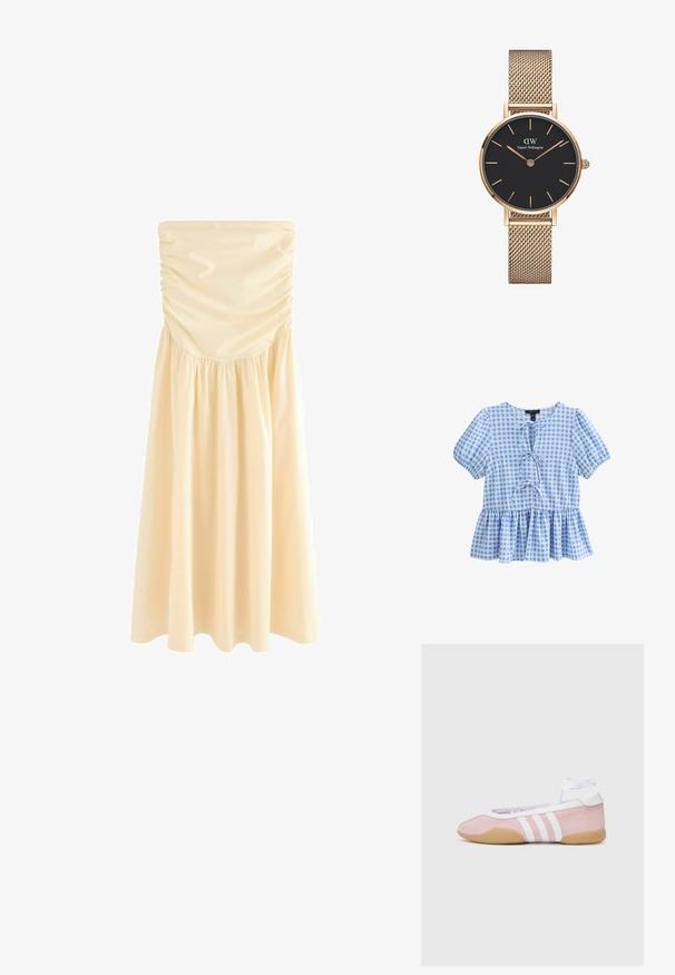 Blå och vit rutig blus med korta puffärmar, rund halsringning och peplumslut med snörningsdetalj fram.; Axellös midiklänning i ljusbeige, med rynkningar vid bysten och en draperad kjol för smidighet. Slät, lätt vikt tyg.; adidas Originals TAEKWONDO MEI BALLET - Sneakers - clear pink/ftwr white/gum; Krämfärgad läderhandväska med en strukturerad design, kontrasterande svarta kanter, guldfärgade detaljer och ett avtagbart band med en signaturlogotyp.; Guldmesharmbandsur från Daniel Wellington med en rund svart urtavla, guld timmarkörer och logotyp vid 12-tiden. Enkelt, elegant design.