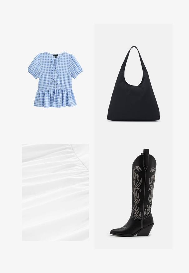 Bluse in Blau und Weiß mit kariertem Muster, kurzen Puffärmeln, einem runden Halsausschnitt und einem Peplum-Saum mit einem Schnürdetail vorne.; Weißer Stoff mit sanften Drapierungen und plissierter Textur, der ein glattes, leichtes Material in einer klaren, sauberen Präsentation bietet.; Schwarze Leder-Cowboy-Stiefel mit spitzen Zehen, Keilabsätzen und silbernen, gestickten Blumenmustern entlang des Schafts. Kontrastnähte über das gesamte Design.; Schwarze Stofftasche mit einem einzelnen, breiten Schulterriemen. Weiche, semi-strukturierte Form und glatte Textur; minimales Design, ohne sichtbare Beschläge.