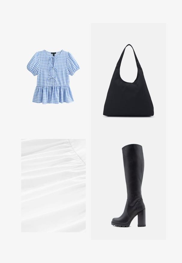 Blue and white checked blouse with short puff sleeves, a round neckline, and a peplum hem featuring a lace-up front detail.; White fabric with soft draping and pleated texture, featuring smooth, lightweight material in a clean, crisp presentation.; Black knee-high boot, smooth leather material, chunky heel, rounded toe, textured sole with grip, sleek design without embellishments.; Black fabric bag with a single, wide shoulder strap. Soft, semi-structured shape and smooth texture; minimal design, without visible hardware.